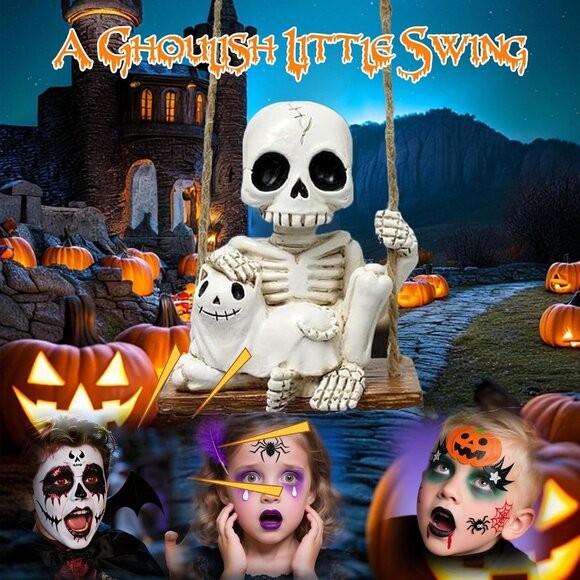 White Mini Resin Swing Skeleton Holding Ghost Cat Statue (3.1in) Halloween Decor - Picture 6 of 7